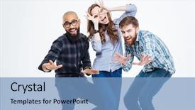  Presentation with group of students raising hands - Beautiful PPT layouts featuring crazy people - group of students in casual backdrop and a teal colored foreground