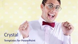  Presentation with big violin sympfonic studio - Amazing presentation theme having crazy people - portrait of excited goofy man backdrop and a  colored foreground