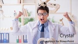  Presentation with funny animal - Amazing theme having crazy professor studying animal skeleton backdrop and a light blue colored foreground