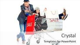  Presentation with shopping trolley - Colorful presentation enhanced with crazy sale - cheerful couple with a shopping backdrop and a white colored foreground