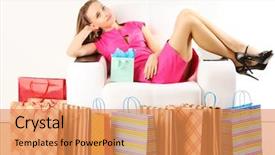  Presentation with woman pushing shopping trolley - PPT theme having crazy sale - woman with shopping bags having background and a coral colored foreground