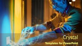  Presentation with electrician - PPT theme featuring crazy-surprised-electrician-man-fixing background and a tawny brown colored foreground