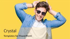  Presentation with special education young adult man - Cool new slide deck with crazy with fingers on head backdrop and a yellow colored foreground