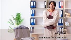  Presentation with crazy - Cool new presentation design with crazy young man in straitjacket backdrop and a coral colored foreground