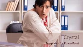  Presentation with crazy - Theme having crazy-young-man-in-straitjacket background and a coral colored foreground