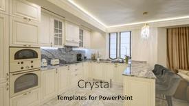  Presentation with curtain - Presentation theme featuring cream-colored-classic-kitchen background and a mint green colored foreground