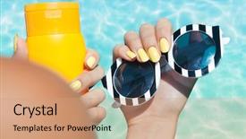  Presentation with sunscreen - Cool new presentation theme with cream colour background - summer fashion and beauty hand backdrop and a coral colored foreground