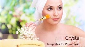  Presentation with beautiful young woman getting face - Beautiful PPT theme featuring cream for face mask backdrop and a lemonade colored foreground