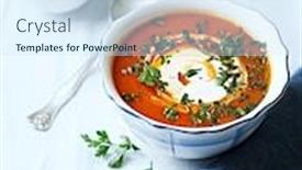  Presentation with healthy soup - Presentation theme featuring cream of gazpacho soup with yogurt and fresh parsley on a kitchen table healthy diet concept homemade food copy space background and a sky blue colored foreground