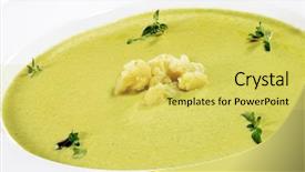  Presentation with cauliflower - Audience pleasing theme consisting of cream of vegetable soup served with cauliflower and green isolated on white background backdrop and a yellow colored foreground