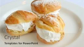  Presentation with pastry cream - Presentation consisting of cream puffs fancy choux pastry with powdered sugar background and a coral colored foreground