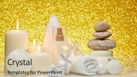  Presentation with gold cosmetic - Beautiful slides featuring spa still life with cosmetic creams candles towel gift boxes and christmas ornaments on a gold background new year and christmas healthy lifestyle body care spa treatment and relaxation concept backdrop and a lemonade colored foreground