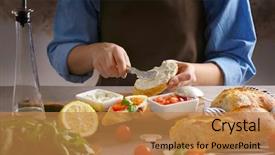  Presentation with traditional - Cool new PPT theme with creamy - woman making delicious traditional bruschetta backdrop and a coral colored foreground