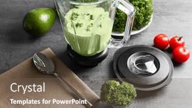  Presentation with taco - Presentation theme having creamy avocado sauce for fish taco in blender on kitchen table background and a violet colored foreground