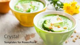  Presentation with nut - PPT theme with creamy broccoli soup with cheese and pine nut background and a coral colored foreground