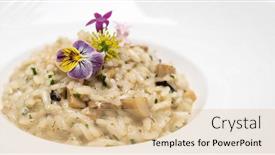  Presentation with international buffet - Colorful PPT theme enhanced with creamy-cheese-risotto-with-mushroom backdrop and a coral colored foreground