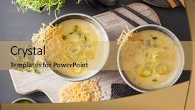  Presentation with leek soup - Beautiful PPT theme featuring creamy potato and leek soup backdrop and a  colored foreground