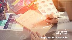  Presentation with notebook - Beautiful PPT theme featuring create logo - designer concept man drawing sketch backdrop and a coral colored foreground