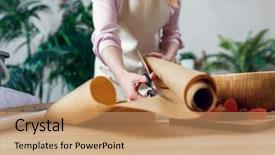  Presentation with female - Presentation design having create logo - female florist creating bouquet background and a coral colored foreground