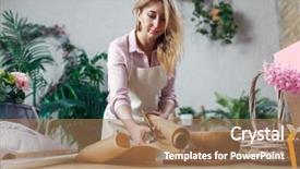  Presentation with female - Audience pleasing slide set consisting of create logo - female florist creating bouquet backdrop and a coral colored foreground