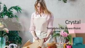  Presentation with female - Audience pleasing PPT theme consisting of create logo - female florist creating bouquet backdrop and a soft green colored foreground