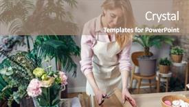  Presentation with female - PPT theme enhanced with create logo - female florist creating bouquet background and a coral colored foreground