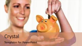  Presentation with piggy bank - PPT theme enhanced with creating value - young woman holding a piggy background and a coral colored foreground