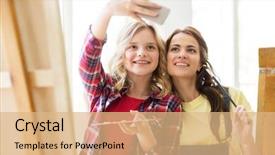  Presentation with school technology - Beautiful PPT theme featuring creations photos - art school technology and people backdrop and a coral colored foreground