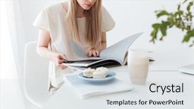  Presentation with photo - Slide deck with creations photos - photo of young woman sitting background and a light gray colored foreground