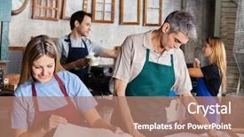  Presentation with factory workers - Colorful PPT theme enhanced with creative art - male and female workers manufacturing backdrop and a coral colored foreground
