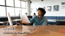  Presentation with photograph - PPT theme featuring creative-biracial-young-businessman-examining background and a coral colored foreground