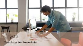  Presentation with business office desk - Slide set enhanced with creative-biracial-young-businessman-working background and a coral colored foreground