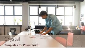  Presentation with business office desk - Slides enhanced with creative-biracial-young-businessman-working background and a mint green colored foreground