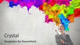  Presentation with head - Colorful slides enhanced with creative brain - thoughtful businesswoman with colorful splashes backdrop and a light gray colored foreground