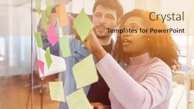  Presentation with sticky notes - Beautiful slides featuring creative-brainstorming-in-the-office backdrop and a coral colored foreground