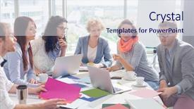  Presentation with conference table - Audience pleasing theme consisting of creative business colleagues analyzing photographs at conference table in office backdrop and a sky blue colored foreground