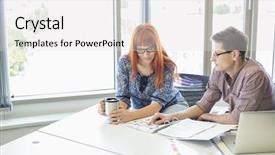  Presentation with business office desk - Colorful PPT theme enhanced with creative business colleagues reading file together at desk in office backdrop and a white colored foreground