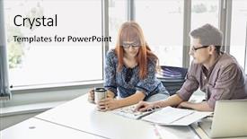  Presentation with business office desk - Audience pleasing theme consisting of creative business colleagues reading file together at desk in office backdrop and a light gray colored foreground