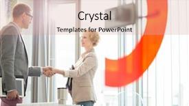  Presentation with shaking hands - Colorful PPT layouts enhanced with creative business colleagues shaking hands backdrop and a coral colored foreground