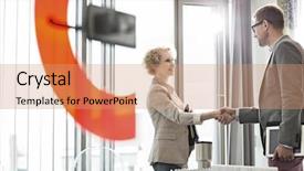  Presentation with shaking hands - PPT theme featuring creative business colleagues shaking hands background and a coral colored foreground