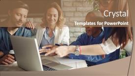  Presentation with managers - Colorful PPT theme enhanced with creative business managers crew working with new startup project in modern office backdrop and a coral colored foreground