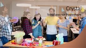  Presentation with creative - PPT theme consisting of creative business team celebrating colleagues birthday in office background and a coral colored foreground