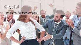  Presentation with creative - Cool new PPT theme with creative-business-team-congratulating backdrop and a soft green colored foreground