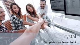  Presentation with team hands - Audience pleasing theme consisting of creative-business-team-putting-hands backdrop and a light blue colored foreground