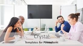  Presentation with team discussion - Beautiful PPT theme featuring creative-business-team backdrop and a light gray colored foreground