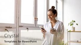  Presentation with creative - Theme with creative-business-woman-using-smartphone background and a soft green colored foreground