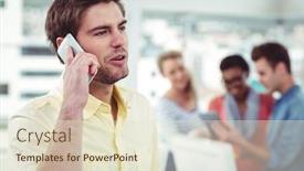  Presentation with front office - Beautiful slide deck featuring creative businessman using smartphone in front of colleagues in casual office backdrop and a lemonade colored foreground