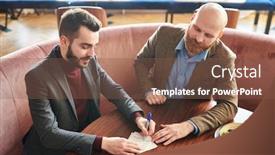  Presentation with table napkin - Theme with creative-businessmen-sitting-at-table background and a tawny brown colored foreground