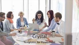  Presentation with conference table - Colorful theme enhanced with creative businesspeople analyzing photographs at conference table in office backdrop and a mint green colored foreground