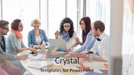  Presentation with conference table - Slides having creative businesspeople analyzing photographs at conference table in office background and a mint green colored foreground